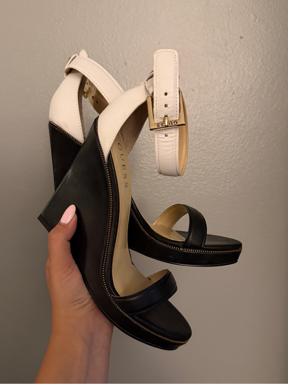GUESS Black and White High Wedge Sandals with Ankle Strap